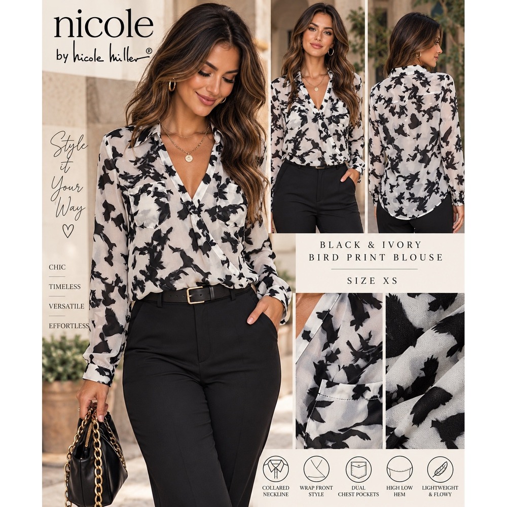 Nicole by Nicole Miller Bird Print Wrap Blouse Ivory Black XS Collared Top
